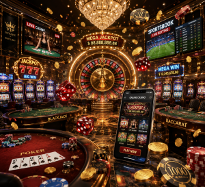 Luxury online casino featuring a giant roulette wheel, 777 slot machines, poker, blackjack, baccarat tables, sportsbook screens, live casino games, gold coins, and a smartphone displaying a casino gaming app.