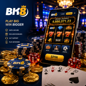 Experience BK8 online casino with a premium mobile slot interface, jackpot games, and luxury casino elements including poker chips, gold coins, and playing cards.