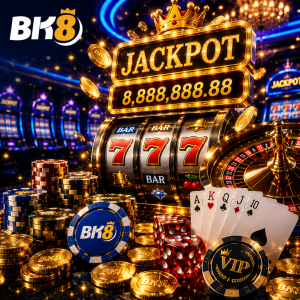 Enjoy the BK8 premium online casino experience with grand jackpot slots, roulette, poker chips, and luxury casino games in a high-end gaming environment.